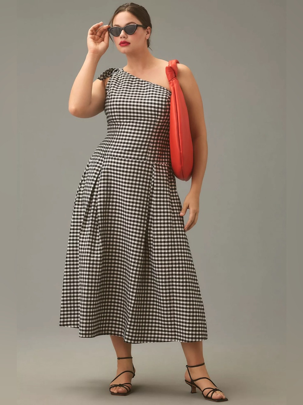 By Anthropologie One-Shoulder Gingham Midi Dress